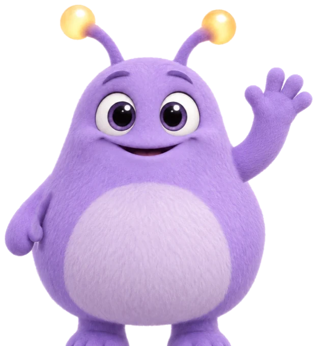 Lilo, a tutora do Zupzi Math: uma criaturinha redonda cor de lavanda com duas antenas, acenando