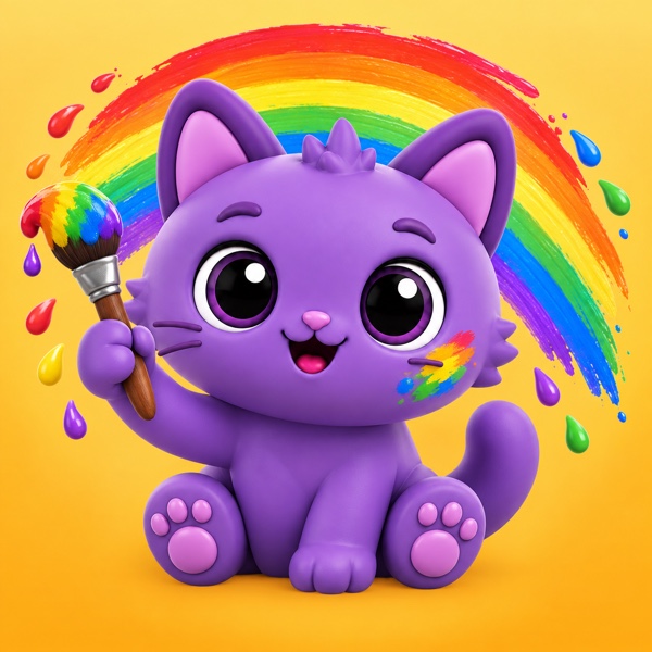 O gato pintor do Zupzi Art: um gato roxo segurando um pincel na frente de um arco-íris