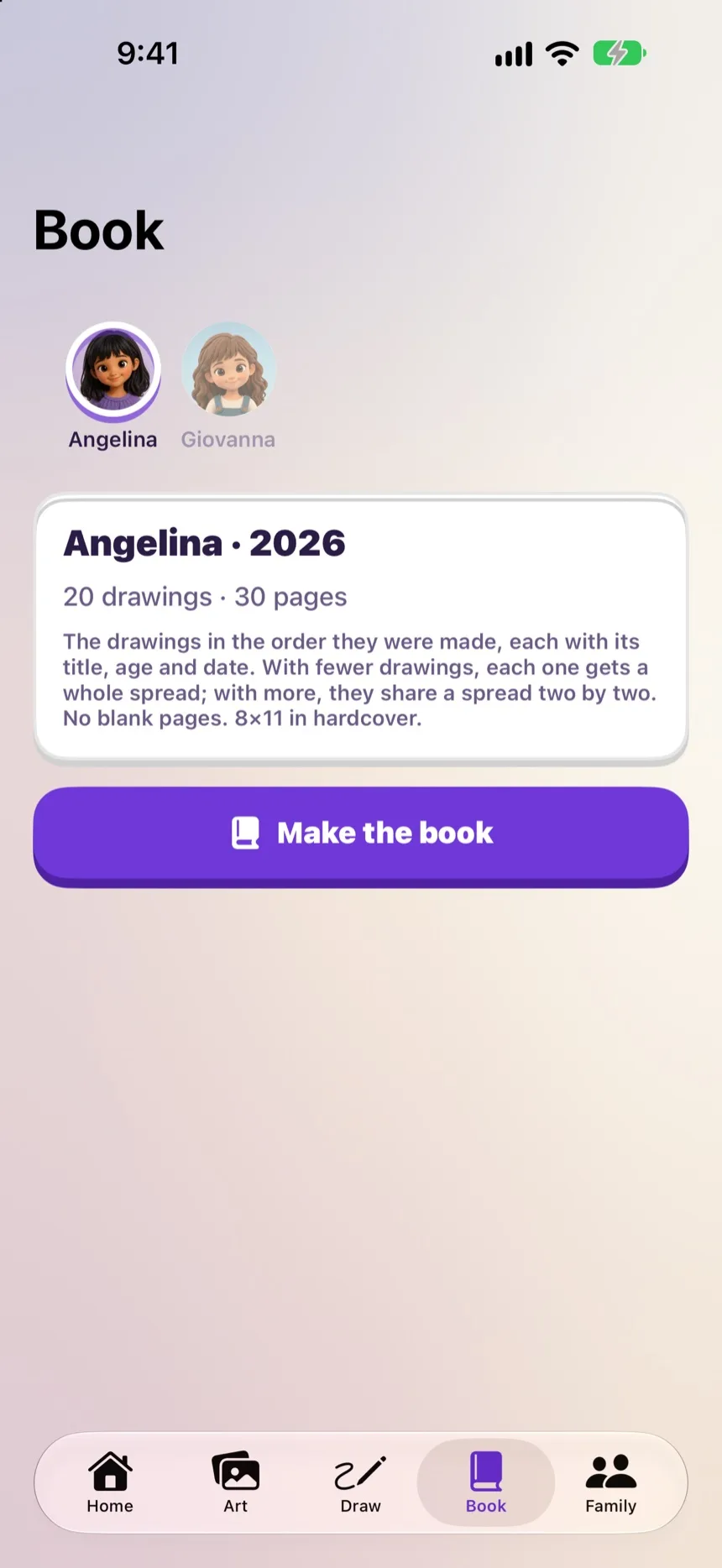 Tela do livro do Zupzi Art, em inglês: Angelina · 2026, 20 desenhos, 30 páginas, com o botão Make the book