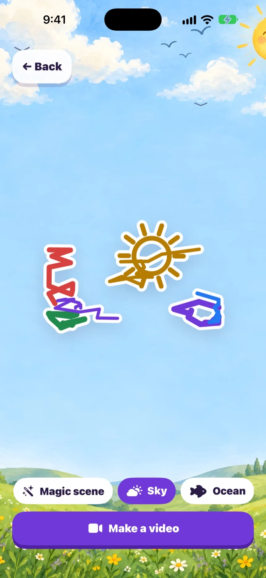 Zupzi Art, em inglês: um desenho de sol feito por criança sobre uma cena de céu, com as opções Magic scene, Sky e Ocean e o botão Make a video