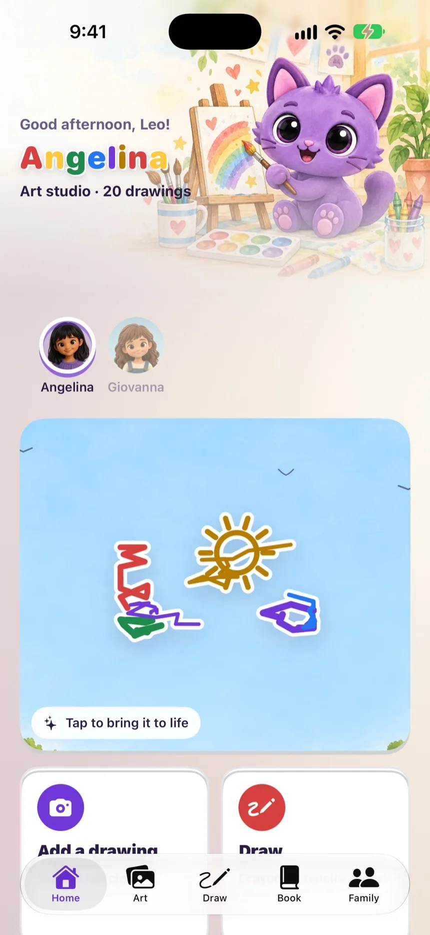Zupzi Art no iPhone, em inglês: o ateliê da Angelina com um desenho de sol e a dica Tap to bring it to life