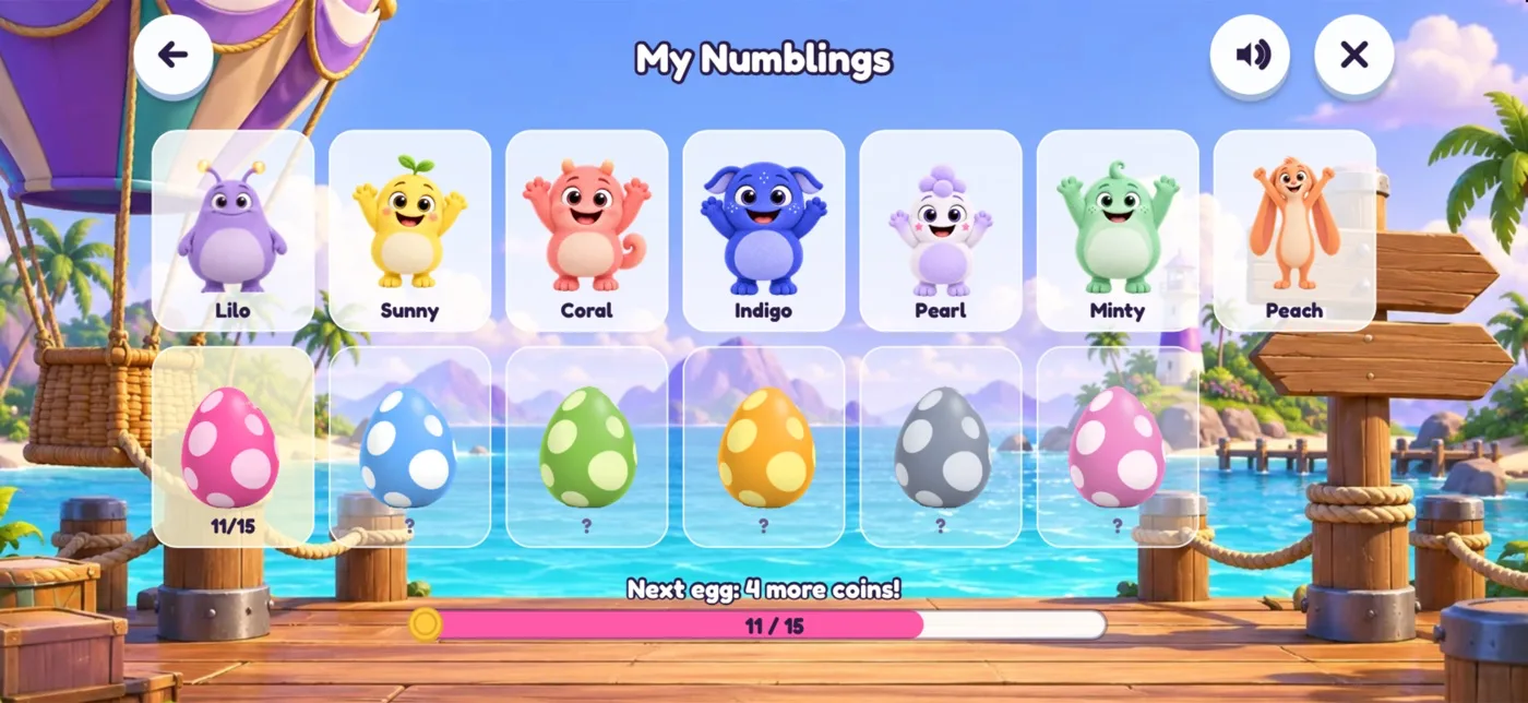 Tela My Numblings do Zupzi Math, em inglês: sete amiguinhos e uma fileira de ovos, com Next egg: 4 more coins