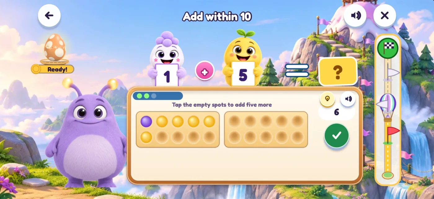 Lição do Zupzi Math, em inglês, Add within 10: a Lilo ao lado de um quadro de dez, com a dica Tap the empty spots to add five more