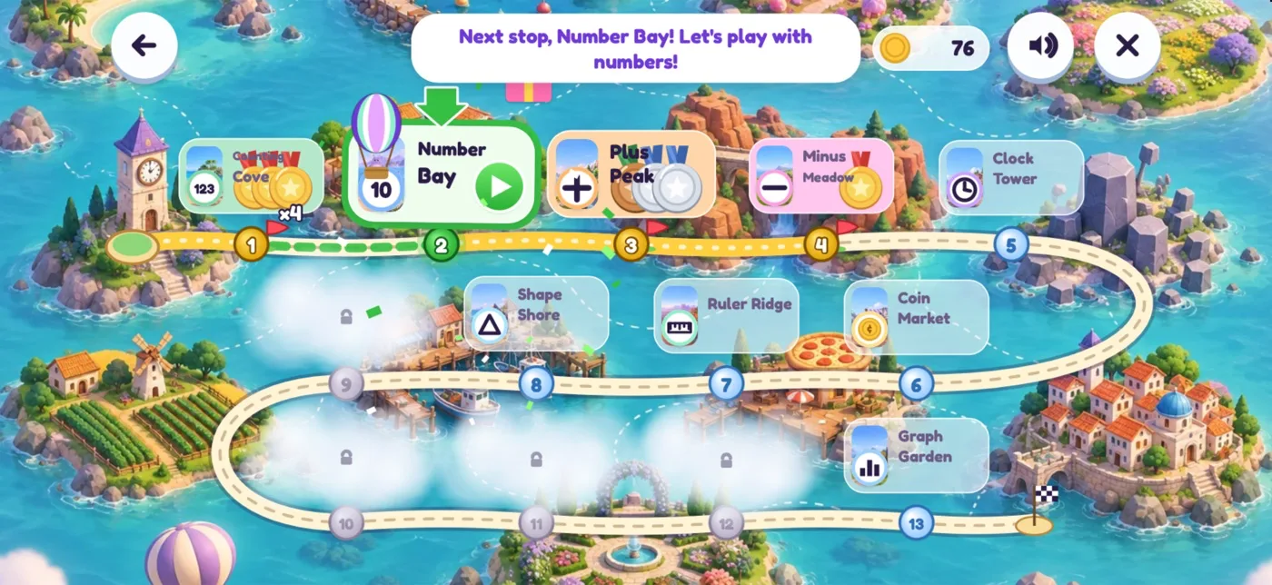 Zupzi Math no iPhone deitado, em inglês: o mapa das ilhas, com Number Bay, Plus Peak, Minus Meadow e Clock Tower
