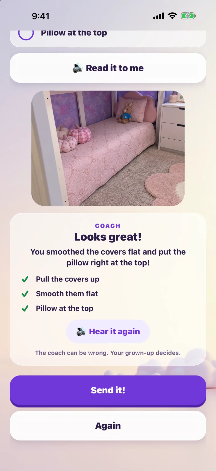 Zupzi Play photo check: a photo of a made bed, the note Looks great!, the steps Pull the covers up, Smooth them flat and Pillow at the top, and a Send it! button