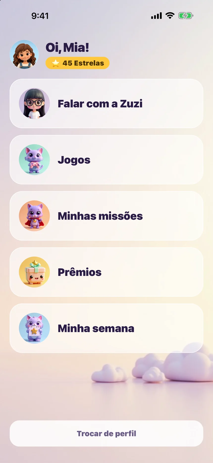 Zupzi Play no iPhone: a casa da criança dizendo Oi, Mia!, com 45 Estrelas, e as portas Falar com a Zuzi, Jogos, Minhas missões, Prêmios e Minha semana
