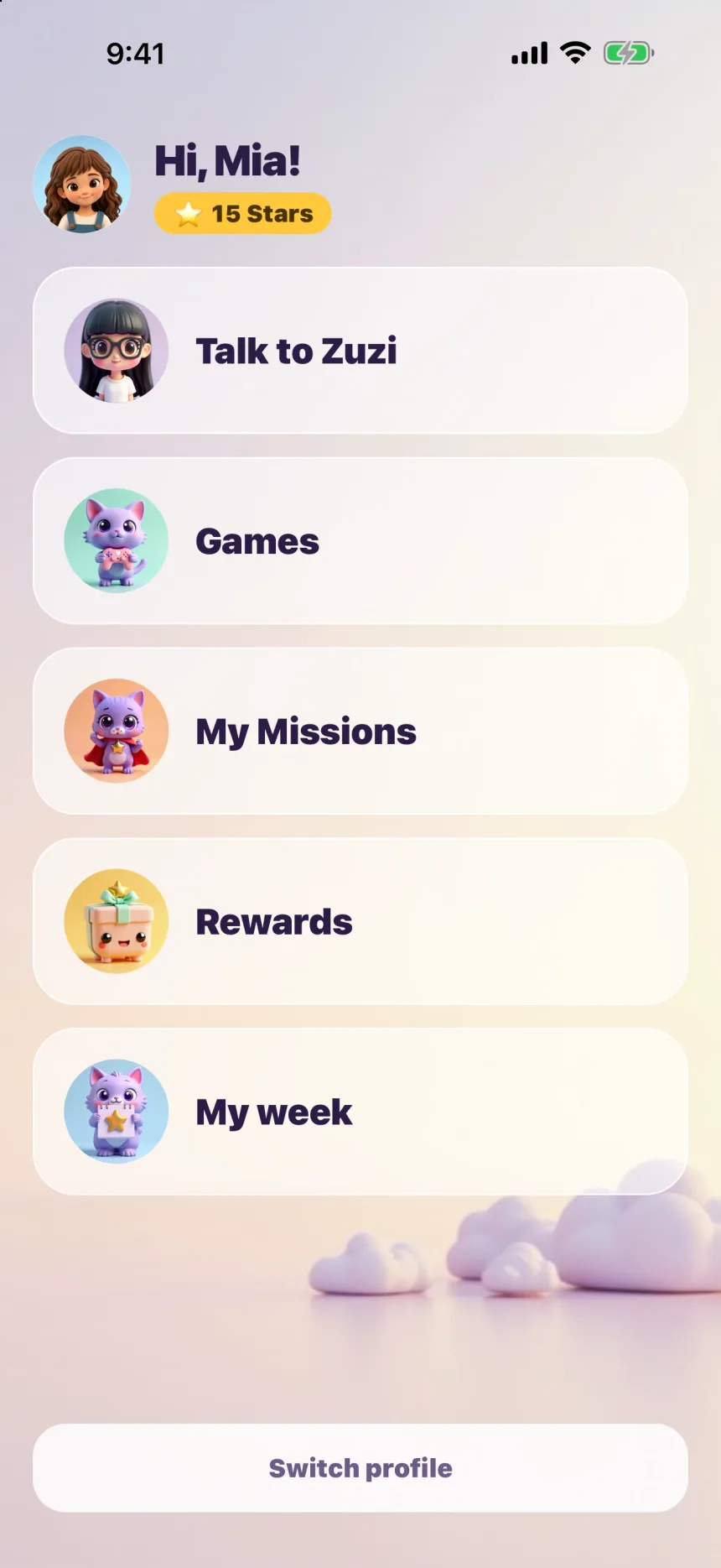 Zupzi Play on iPhone: the child's home screen greeting Mia, 15 Stars, with Talk to Zuzi, Games, My Missions, Rewards and My week
