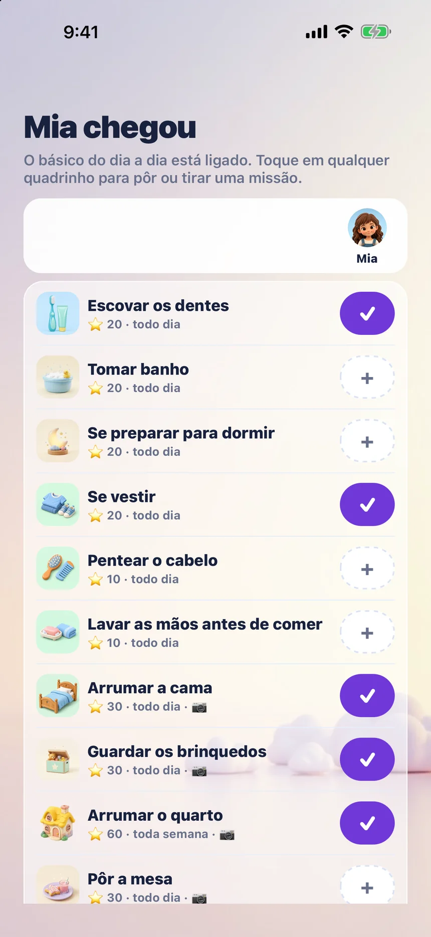 Tela do pai no Zupzi Play, Mia chegou: a grade de missões como Escovar os dentes, Se vestir, Arrumar a cama, Guardar os brinquedos e Arrumar o quarto, cada uma com as suas Estrelas, marcadas para a Mia