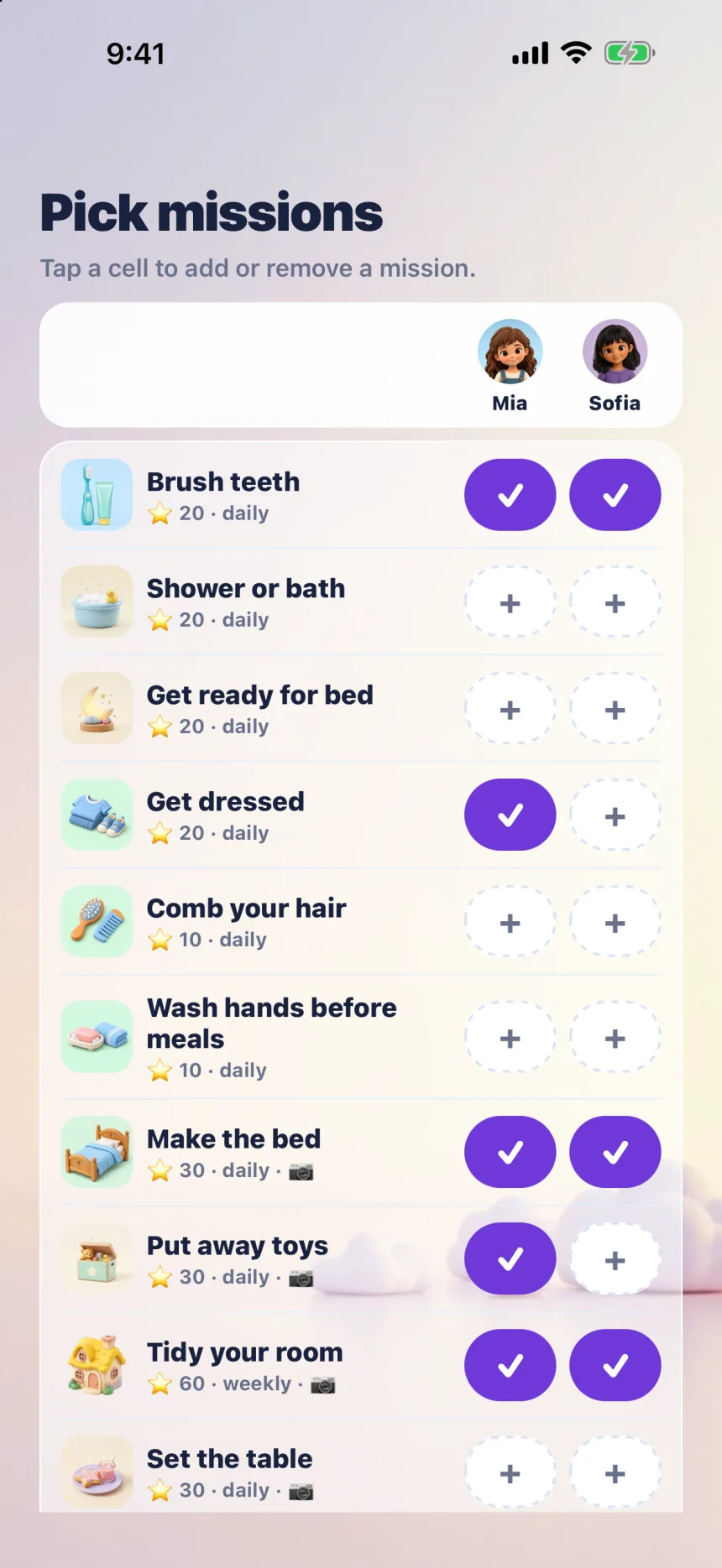 Zupzi Play parent screen Pick missions: missions such as Brush teeth, Make the bed and Tidy your room, each with Stars, ticked for two children, Mia and Sofia