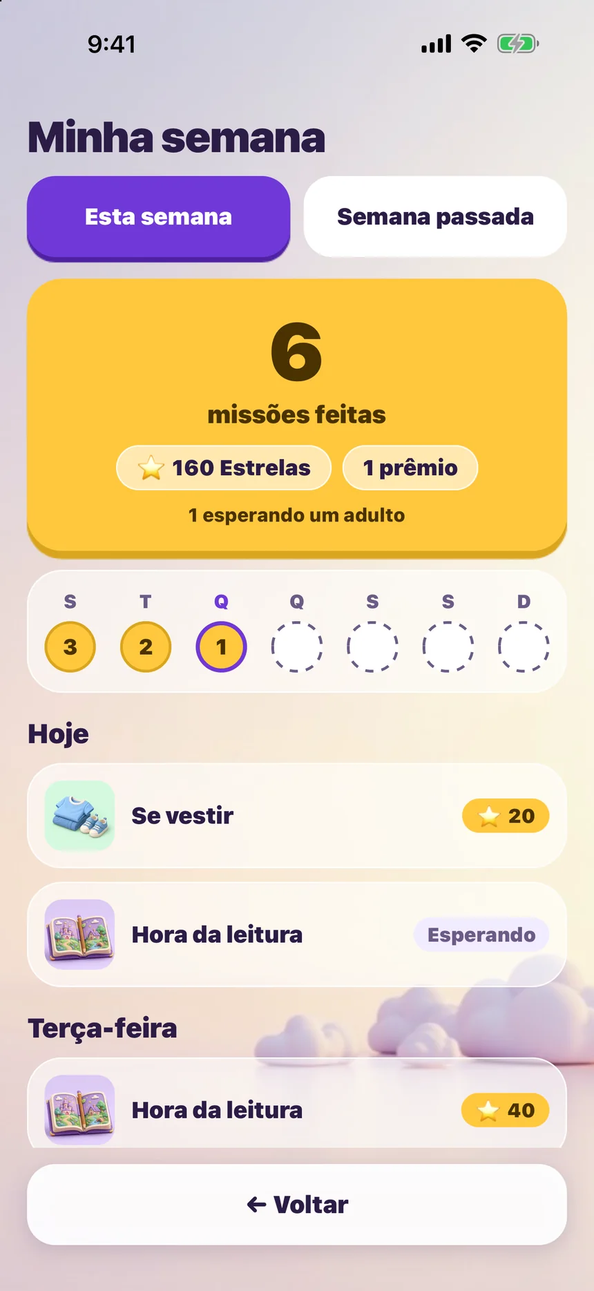 Tela Minha semana do Zupzi Play: 6 missões feitas, 160 Estrelas e 1 prêmio