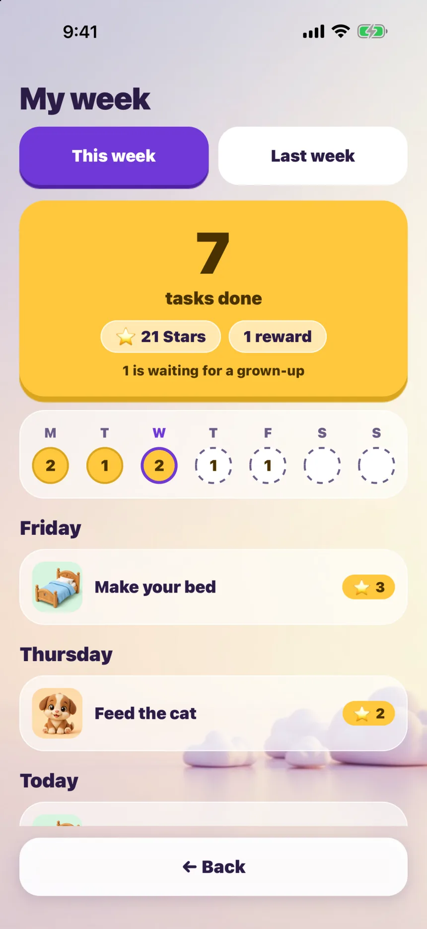 Zupzi Play My week screen: 7 tasks done, 21 Stars and 1 reward