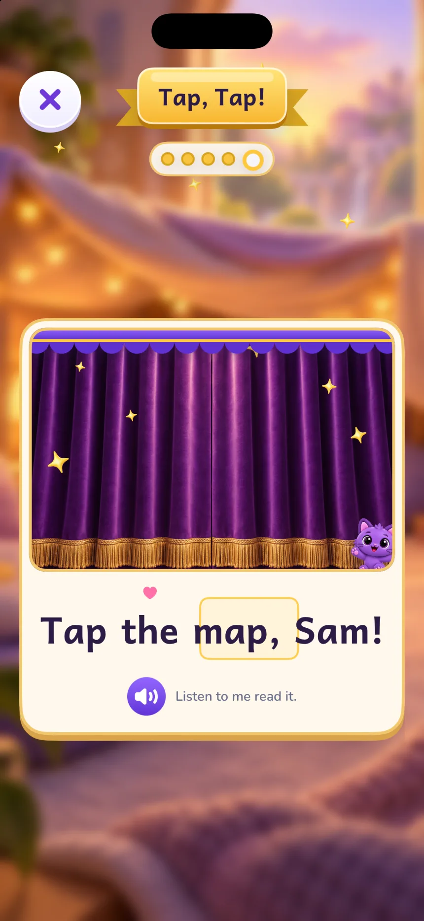 Página de livro do Zupzi Read, em inglês: Tap the map, Sam! com o botão Listen to me read it