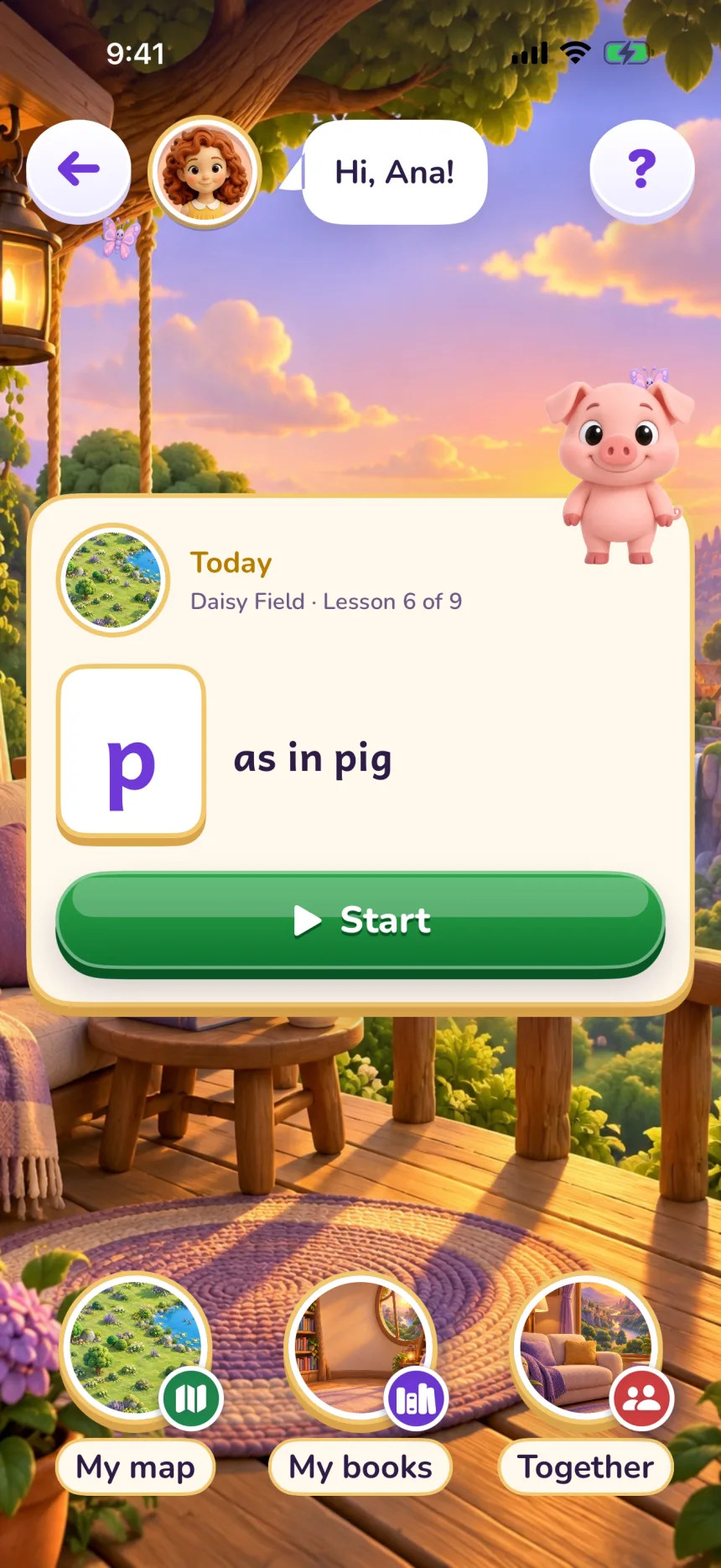 Zupzi Read no iPhone, em inglês: o cartão da lição do dia, p as in pig, com o botão Start