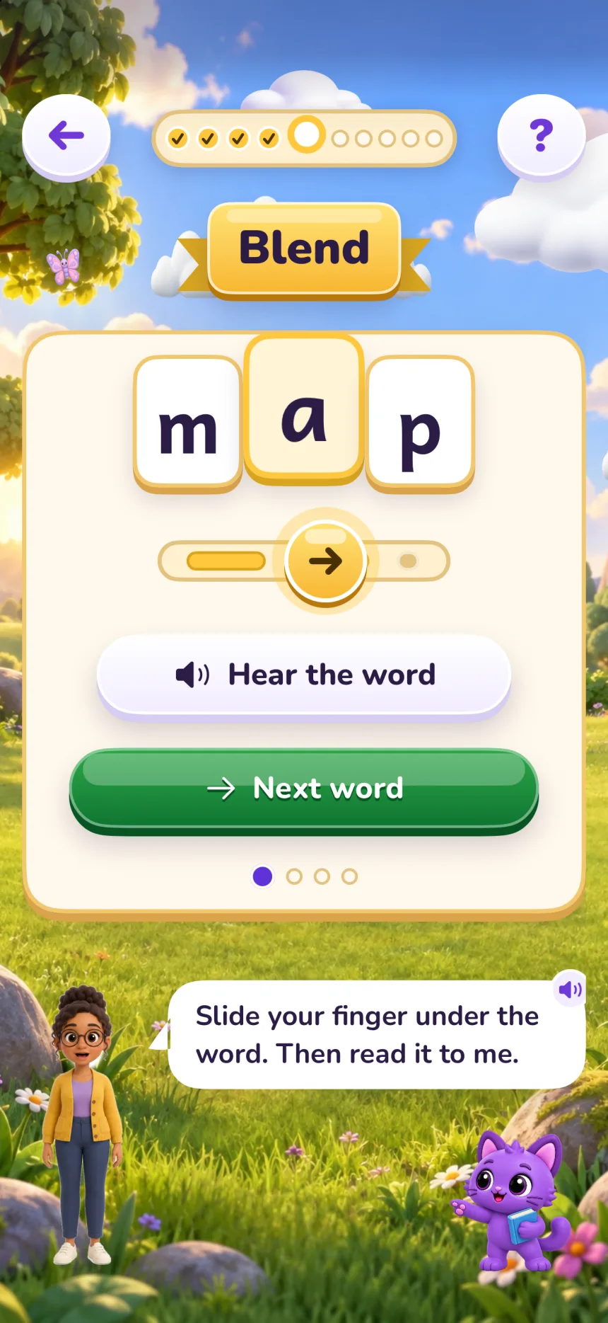 Lição de juntar sons do Zupzi Read, em inglês: as letras m, a e p sobre um controle deslizante, com os botões Hear the word e Next word