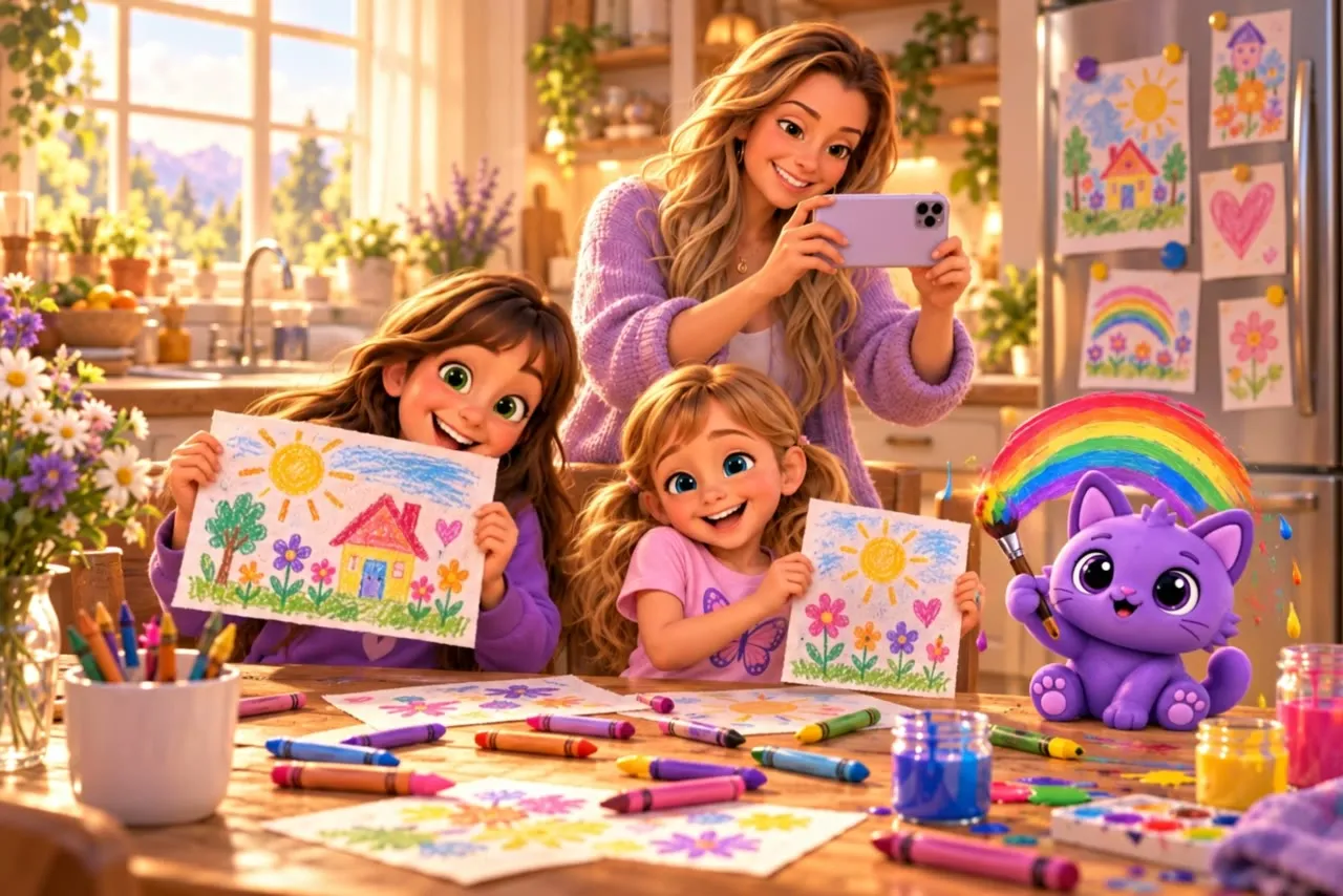 Ilustração: duas irmãs na mesa da cozinha mostrando desenhos de giz de cera enquanto a mãe fotografa um com o celular, uma geladeira coberta de desenhos e um gato roxo com um pincel e um arco-íris