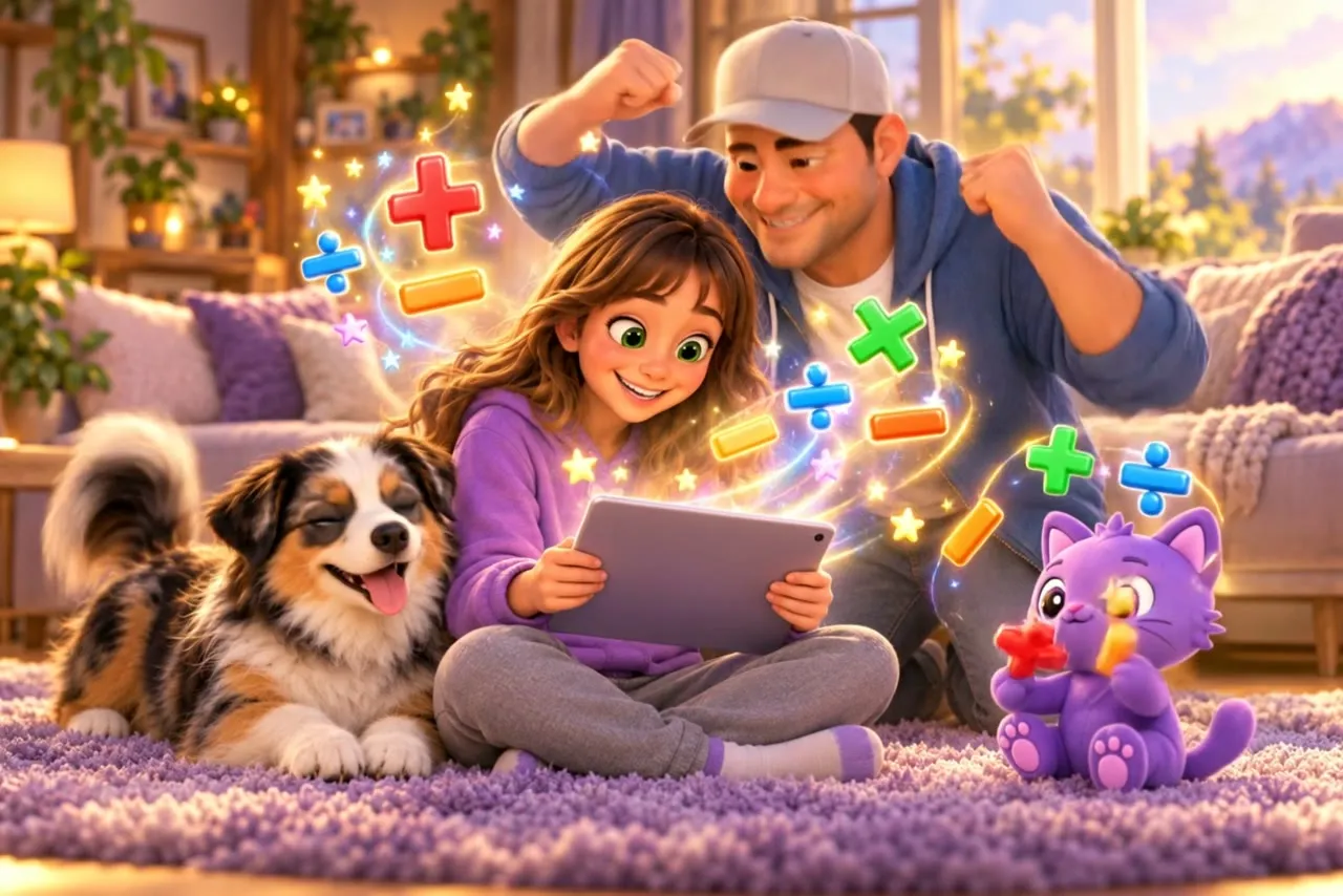 Ilustração: a irmã mais velha num tapete com um tablet enquanto formas coloridas de matemática sobem girando, o pai comemorando, o cachorro Blue e um gato roxo com sinais de mais e de menos