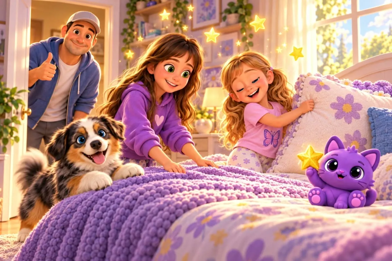 Ilustração: duas irmãs arrumando a cama enquanto o pai faz sinal de joinha da porta, com o cachorro Blue, estrelas douradas e um gato roxo segurando uma estrela