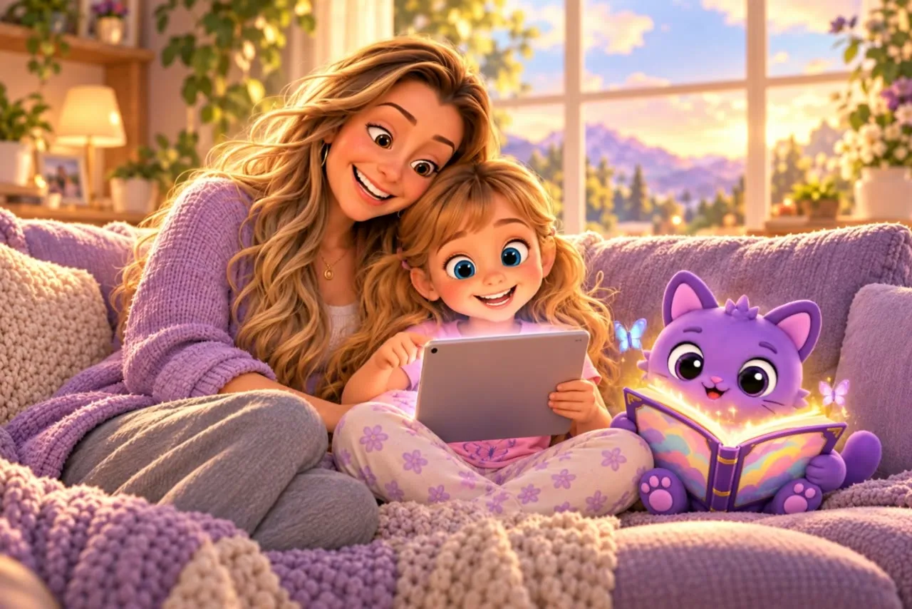 Ilustração: a irmã mais nova num sofá lilás lendo uma palavra som por som num tablet, abraçada pela mãe, ao lado de um gato roxo com um livro brilhante